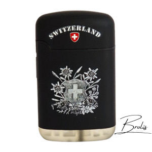 Briquet Suisse noir – Souvenir Switzerland avec croix et fleurs