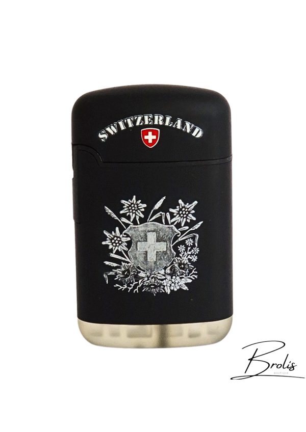Briquet Suisse noir – Souvenir Switzerland avec croix et fleurs