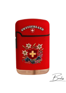 Un briquet souvenir suisse élégant en rouge vif, décoré de la croix dorée et de fleurs alpines. Accessoire pratique et authentique, parfait comme cadeau de Suisse.