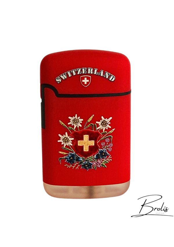 Un briquet souvenir suisse élégant en rouge vif, décoré de la croix dorée et de fleurs alpines. Accessoire pratique et authentique, parfait comme cadeau de Suisse.
