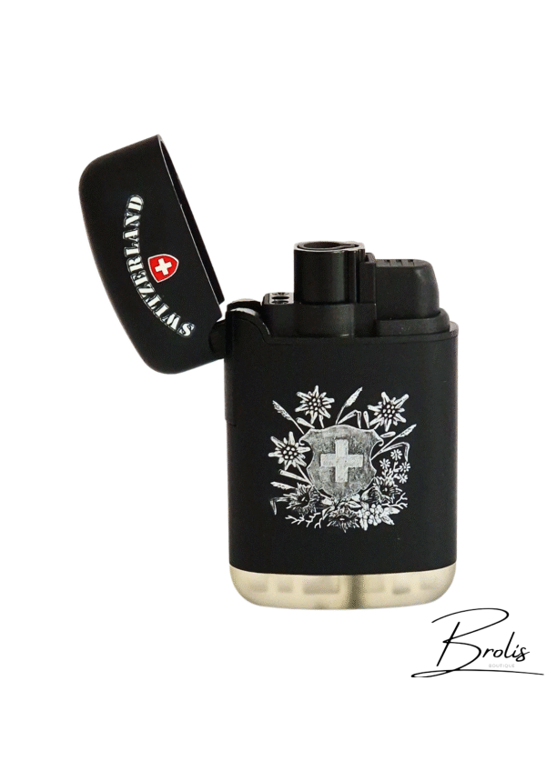 Briquet Suisse noir – Souvenir Switzerland avec croix et fleurs – Image 2