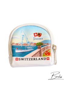 Porte-monnaie souvenir de Genève avec Jet d’Eau et emblème Switzerland. Accessoire pratique et authentique, cadeau idéal pour ramener un morceau de Suisse.