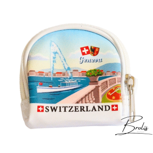 Porte-monnaie souvenir de Genève avec Jet d’Eau et emblème Switzerland. Accessoire pratique et authentique, cadeau idéal pour ramener un morceau de Suisse.