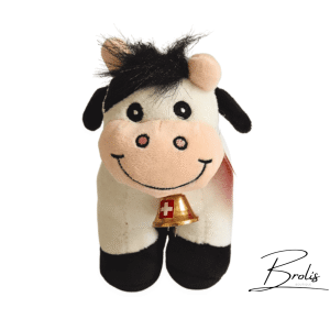 Peluche vache suisse avec cloche dorée et drapeau suisse
